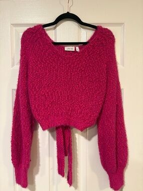 Willow + Root Bright Pink Tie-Back V-Neck Cropped Sweater